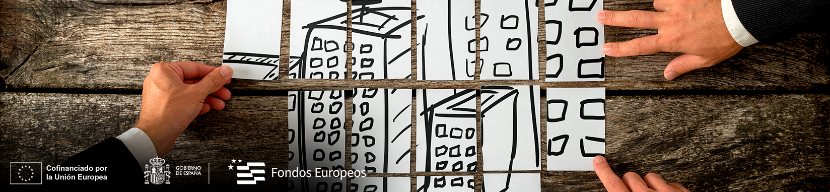 Imagen: Manos juntando papeles dibujados, que juntos hacen una ciudad con logos de cofinanciacion europea