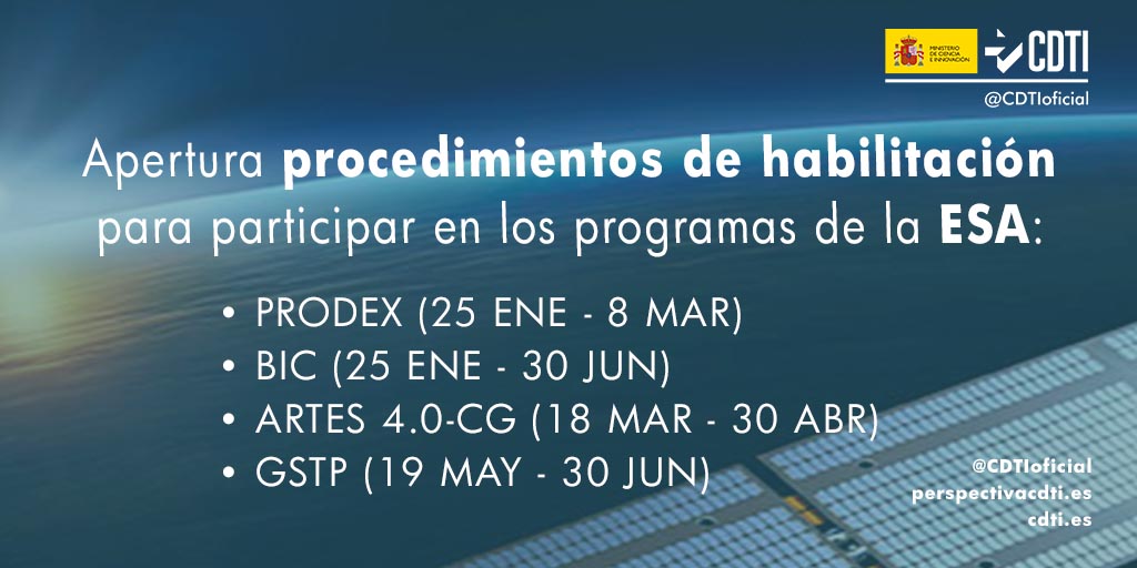 Apertura de los procesos de habilitación para líneas programáticas PRODEX, BIC, ARTES y GSTP de la ESA