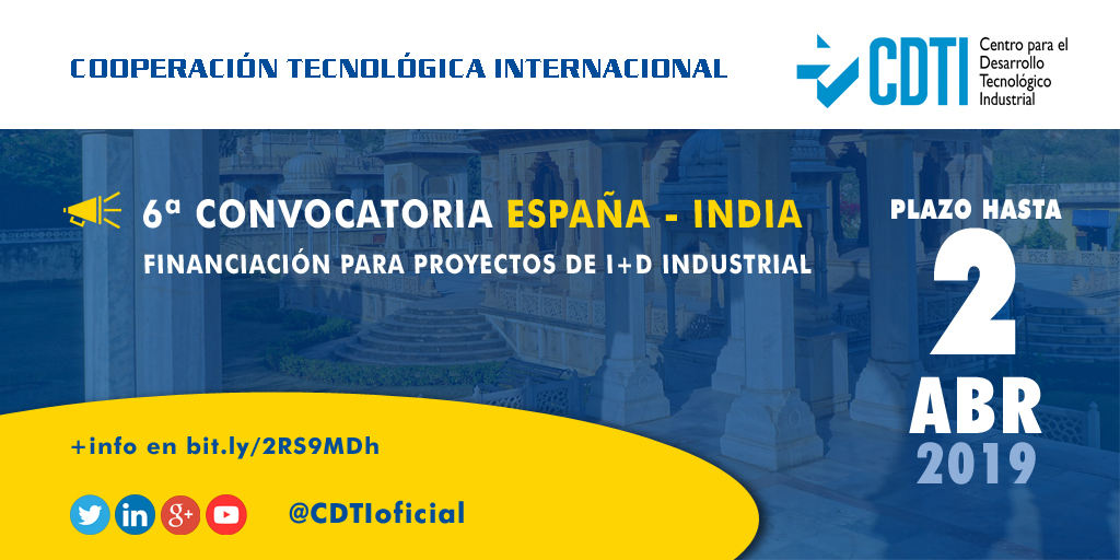 COOPERACIÓN TECNOLÓGICA INTERNACIONAL | Sexta llamada conjunta entre España e India para la financiación de proyectos de I+D industrial