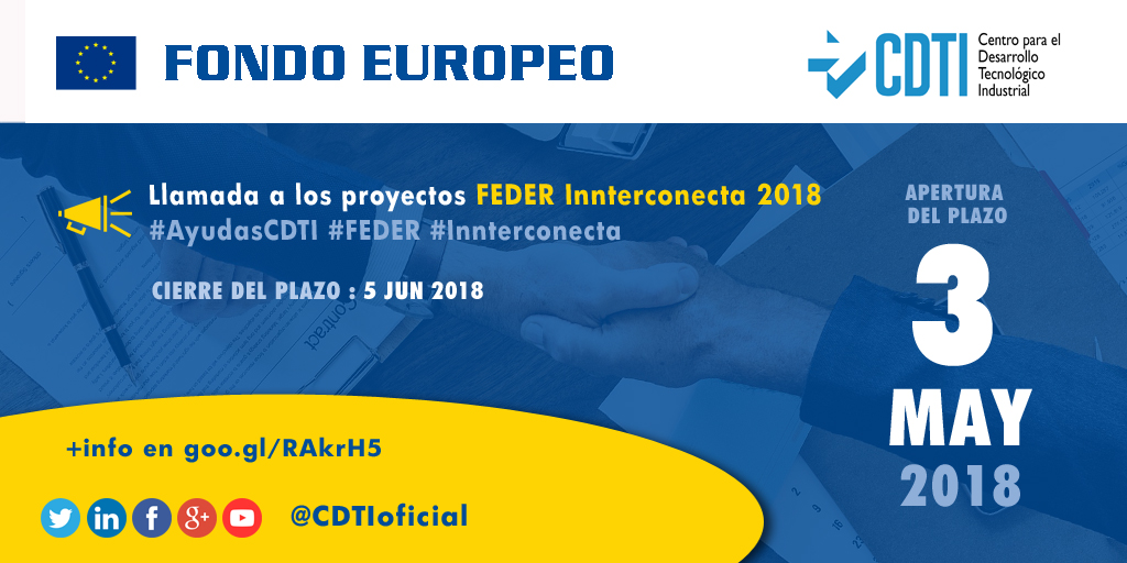 FONDOS EUROPEOS | Nueva convocatoria #FEDER #Innterconecta 2018 de @CDTIoficial