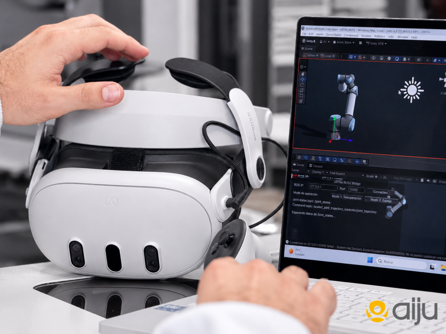 Dispositivo de realidad virtual y software de desarrollo del proyecto ROCCA diseñado para controlar plataformas robóticas de forma inmersiva y segura en entornos de alto riesgo.