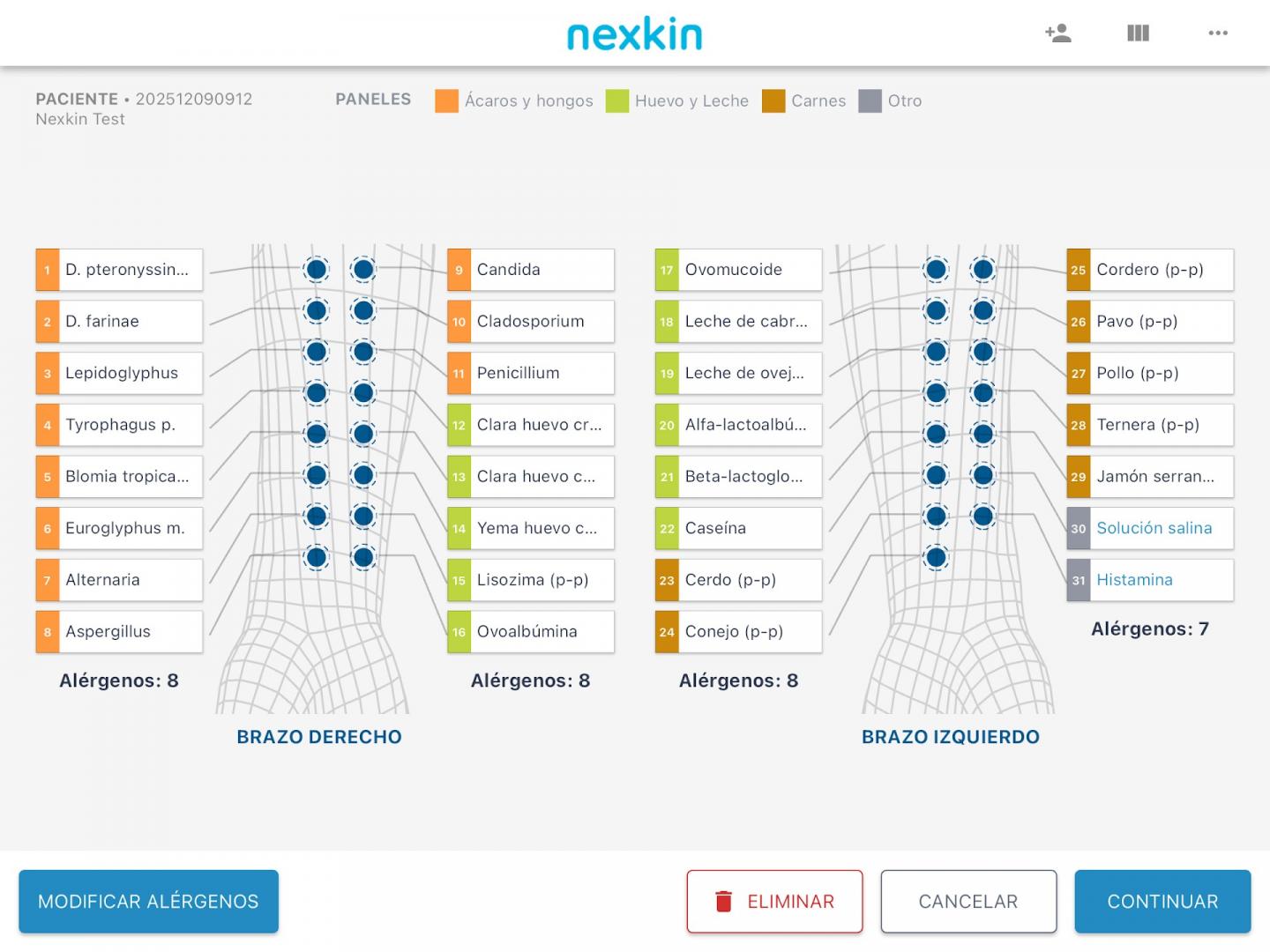Interfaz del dispositivo Nexkin para la lectura de los resultados del Prick Test